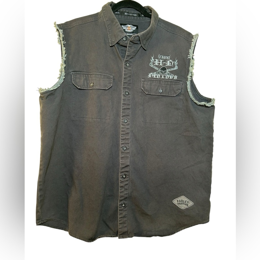 HARLEY DAVIDSON Sleeveless Button Up Faded Black Men 2XL Skull Logo Biker Shirt‎